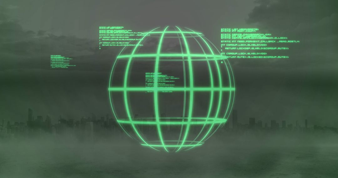 Futuristic Wireframe Globe Hovering Over Skyline with Digital Data