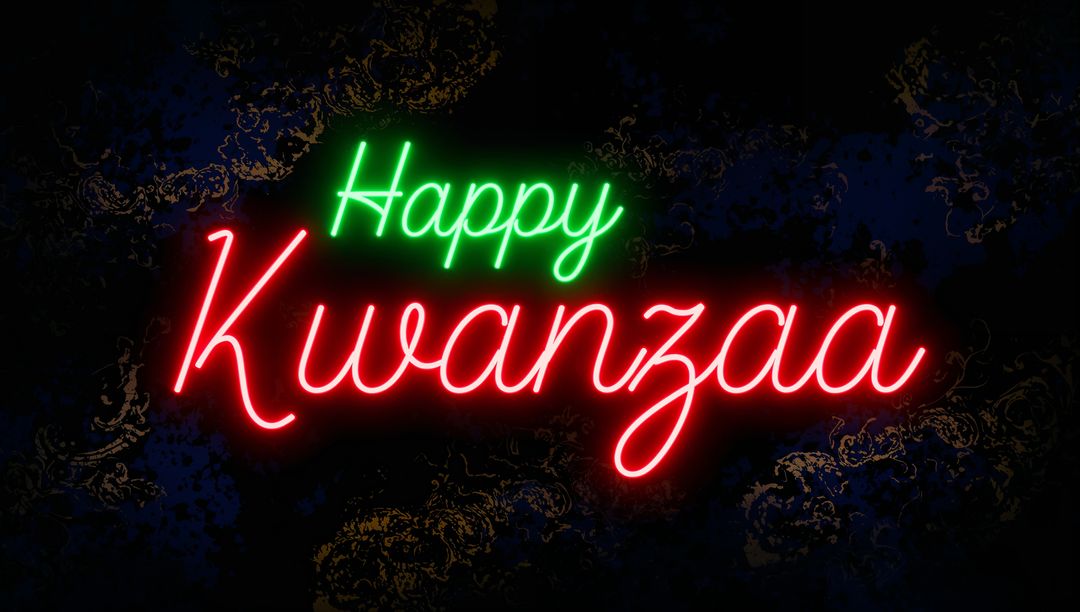 Happy Kwanzaa neon sign glowing red and green on navy background with gold filigree