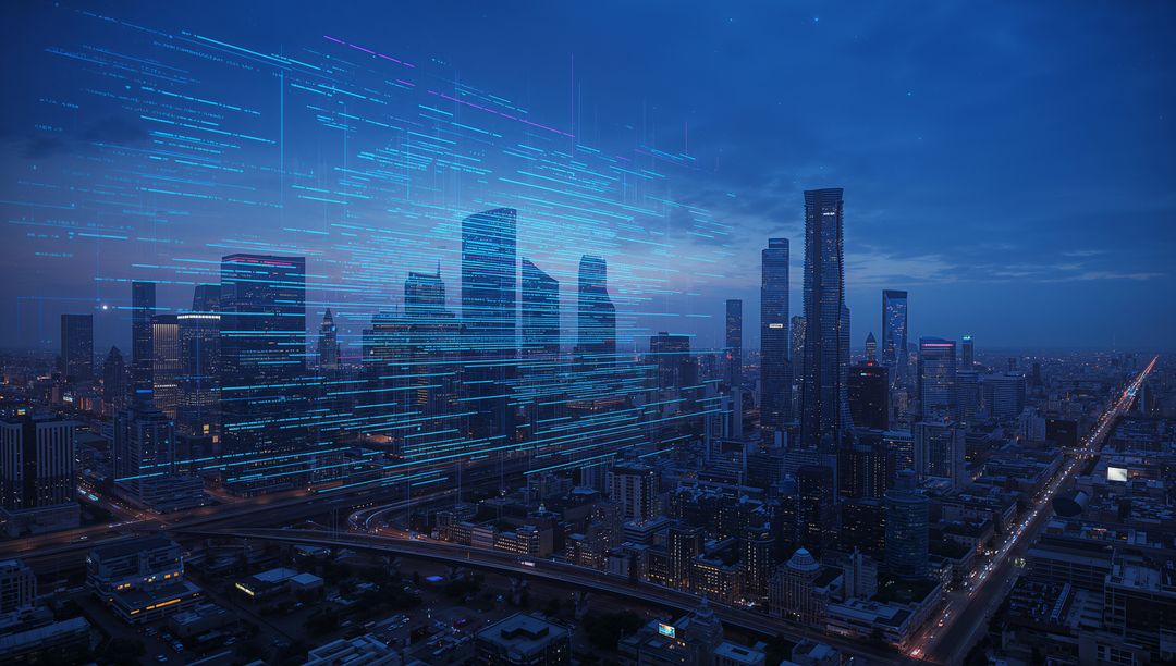 Futuristic Metropolis Skyline with Digital Light Trails and Tower Cluster at Dusk