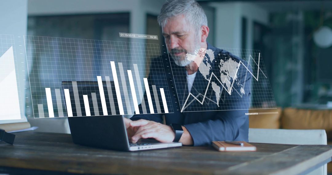 Senior Executive Analyzing Global Market Data on Laptop with Virtual Charts and Analytics