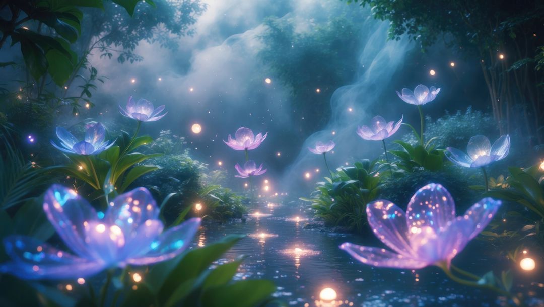 Serene elven glade with enchanting glowing blossoms, garden of eden concept
