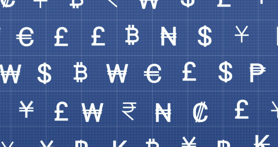 International Currency Symbols on Blue Grid Background
