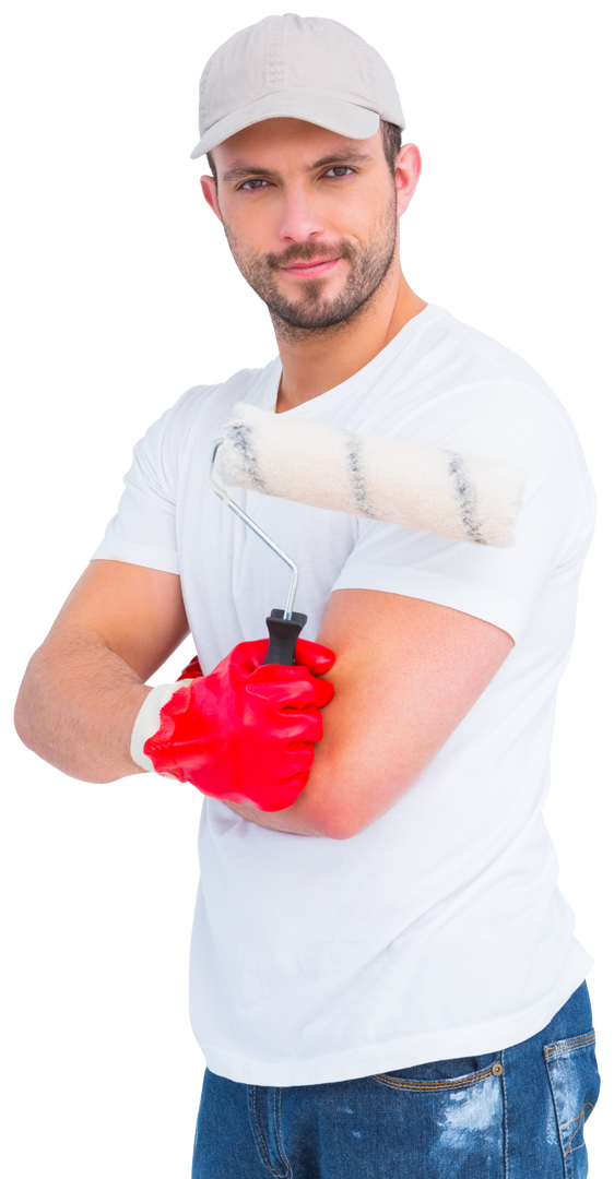 Confident Handyman Holding Paint Roller Wearing Gloves Transparent Background - Download Free Stock Images Pikwizard.com