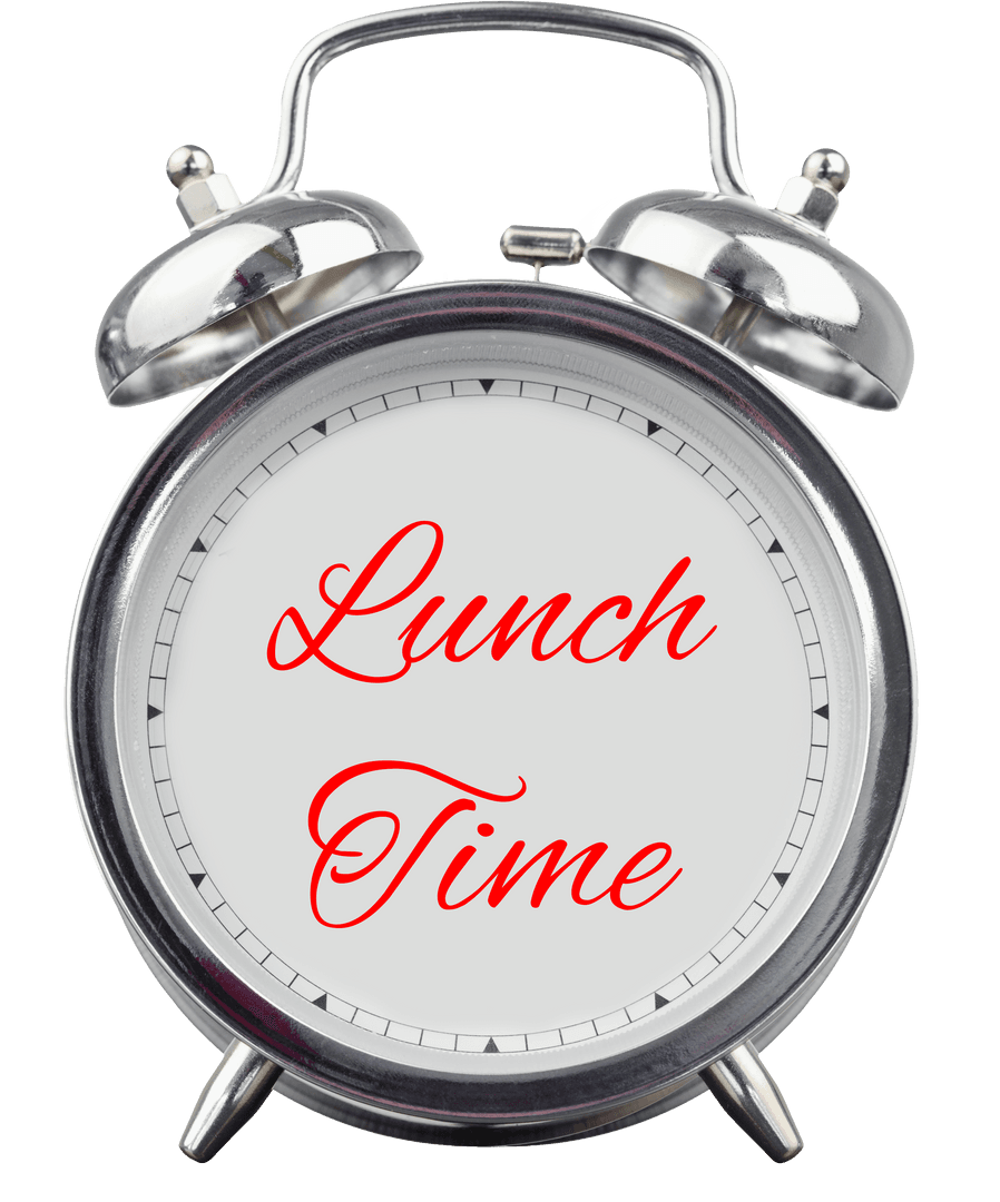 Vintage Alarm Clock with Lunch Time Text on Transparent Background