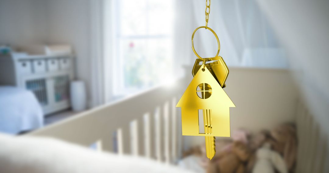 Gold House Keychain With Key in Softly Lit Nursery Crib