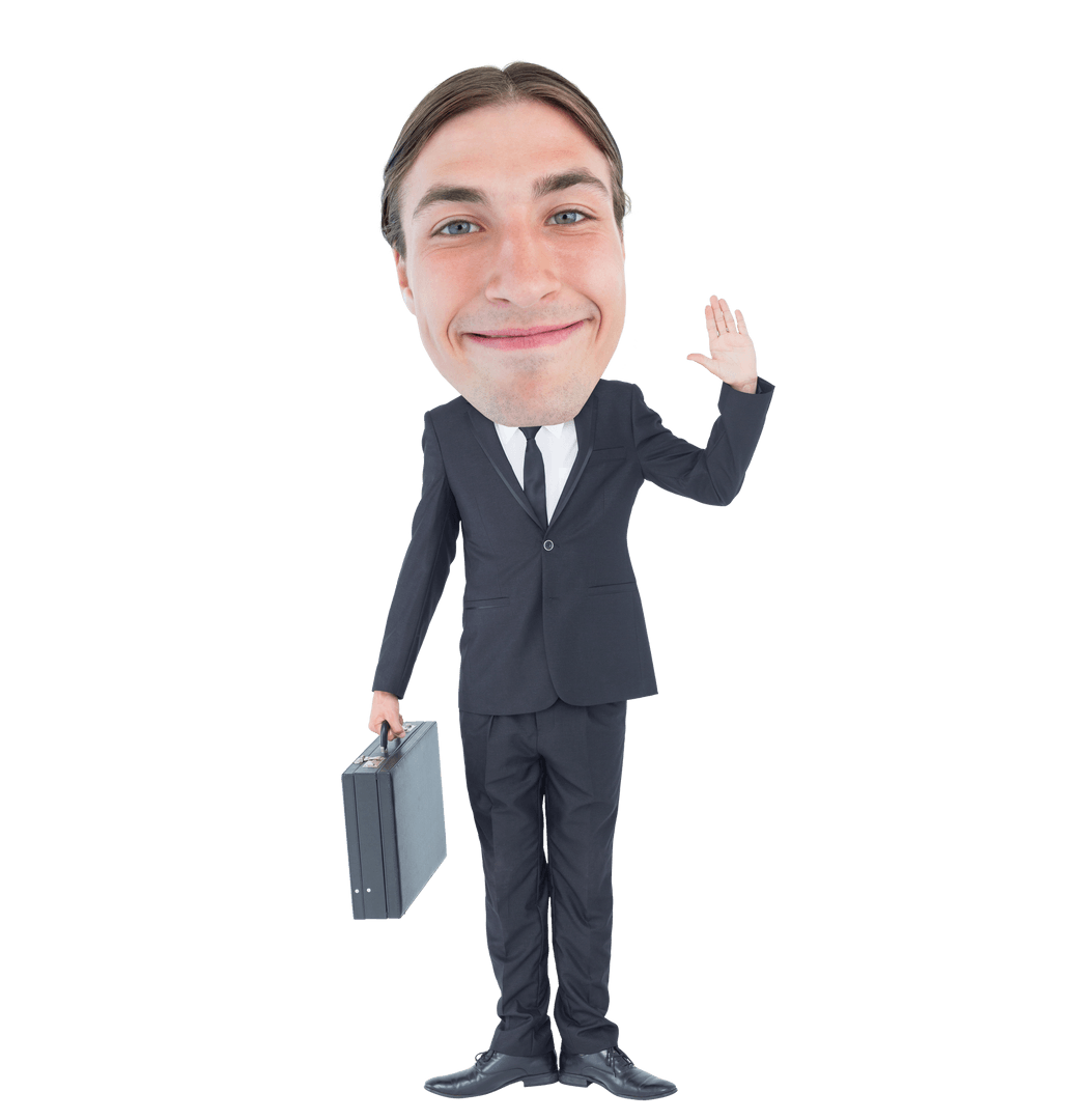 Smiling Businessman with Oversized Head Waving Transparent Background