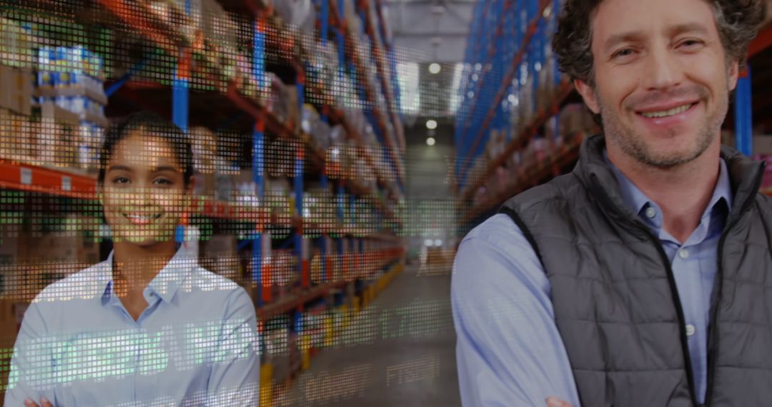 Diverse Warehouse Team with Digital Data Overlay