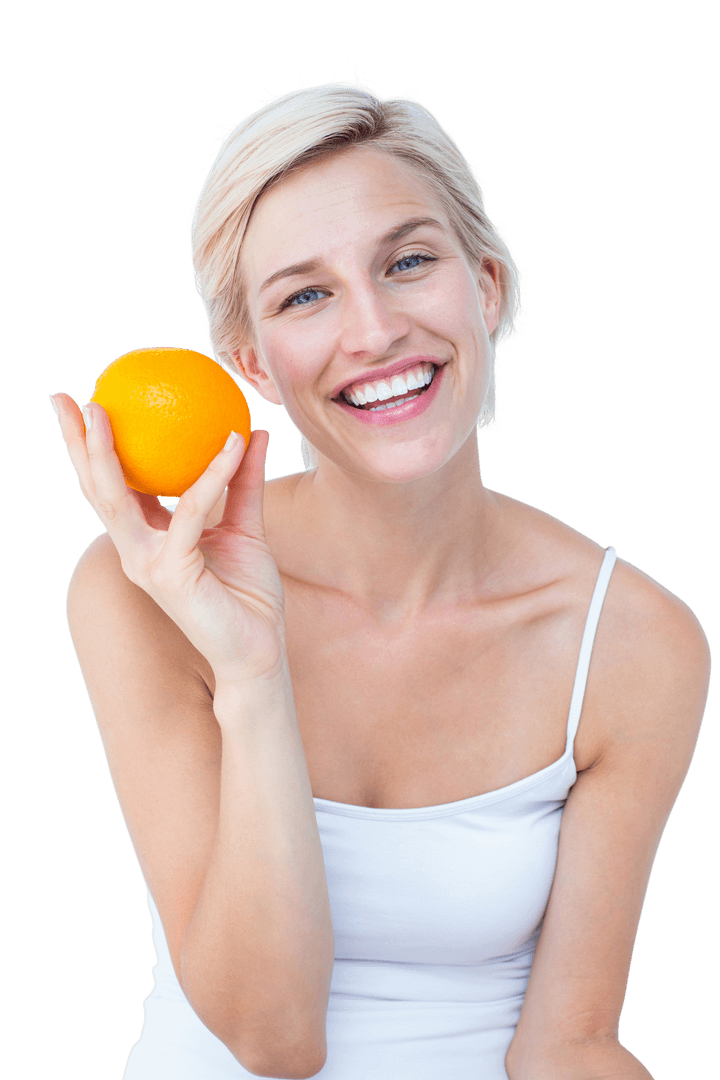 Happy Woman Holding Orange on Transparent Background Enjoying Freshness