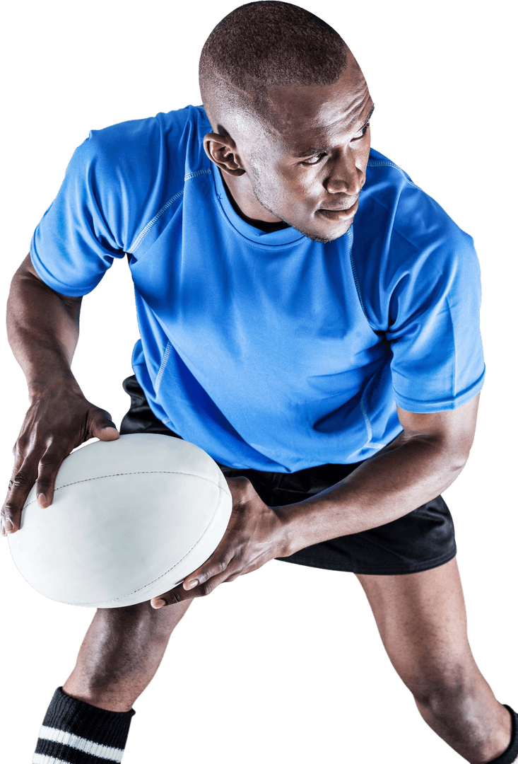 Confident Rugby Player Holding Ball with Determination on Transparent Background