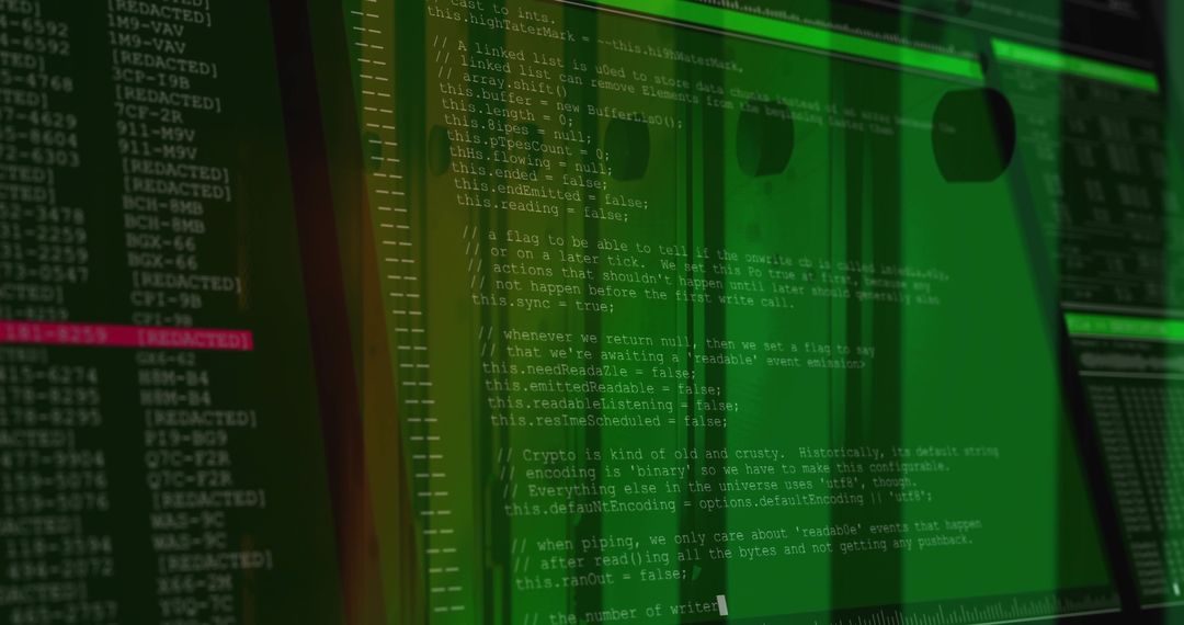 Green Code Editor Console with Multi-Panel Terminal, Red Highlight and Cursor
