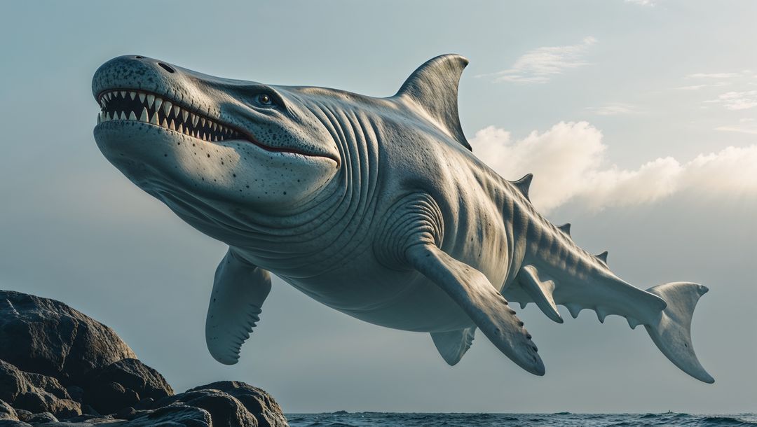 Mythical Megalodon Gliding Above Serene Coastal Waters