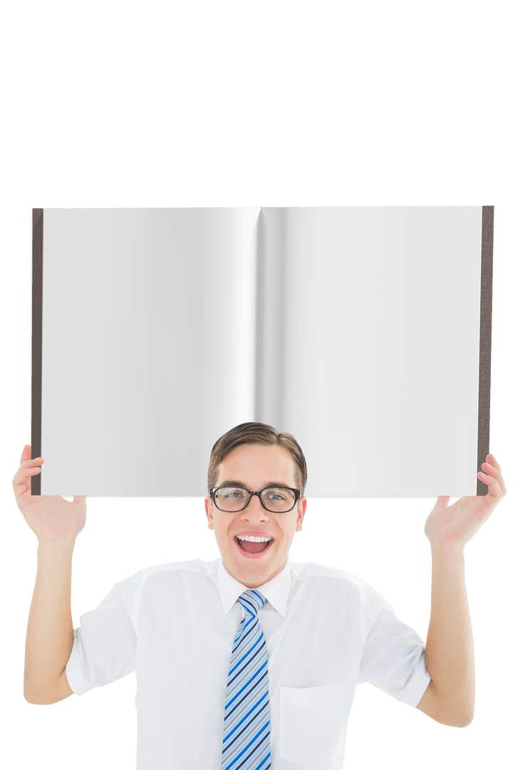 Smiling Businessman Holding Blank Book on Transparent Background