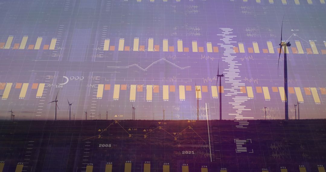 Wind Turbines at Dusk with Data Visualizations Overlay