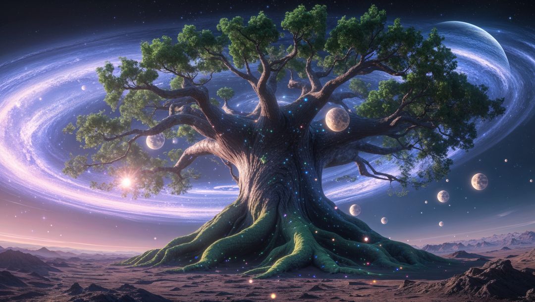Enchanted cosmic dreaming tree on alien world with celestial backdrop