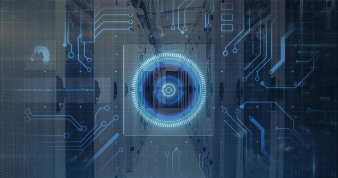 Projecting Glowing Circular HUD Reticle Over Server Racks With Globe Icon for Data Center