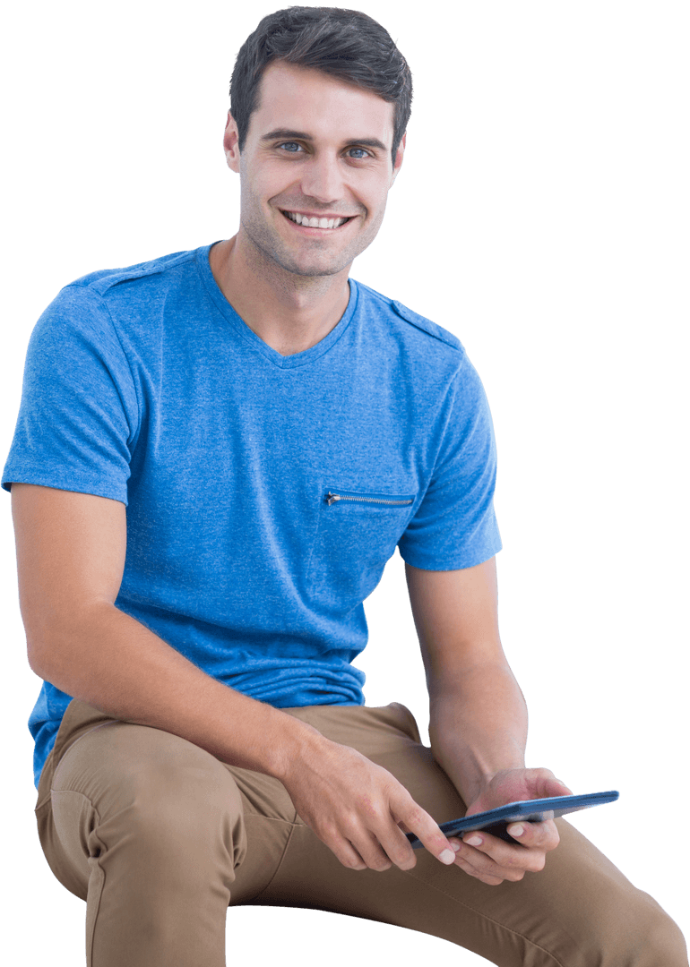 Smiling Caucasian Man Using Tablet on Transparent Background