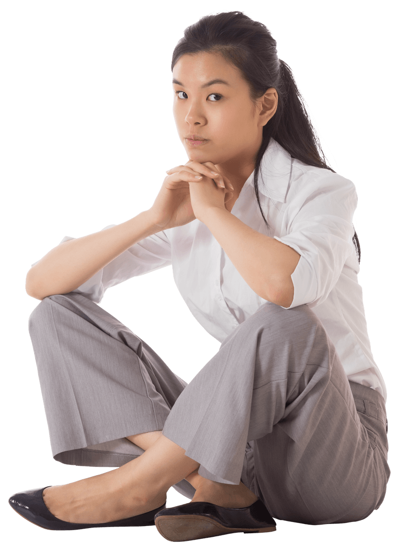 Transparent Businesswoman Sitting Cross-Legged in Office Attire