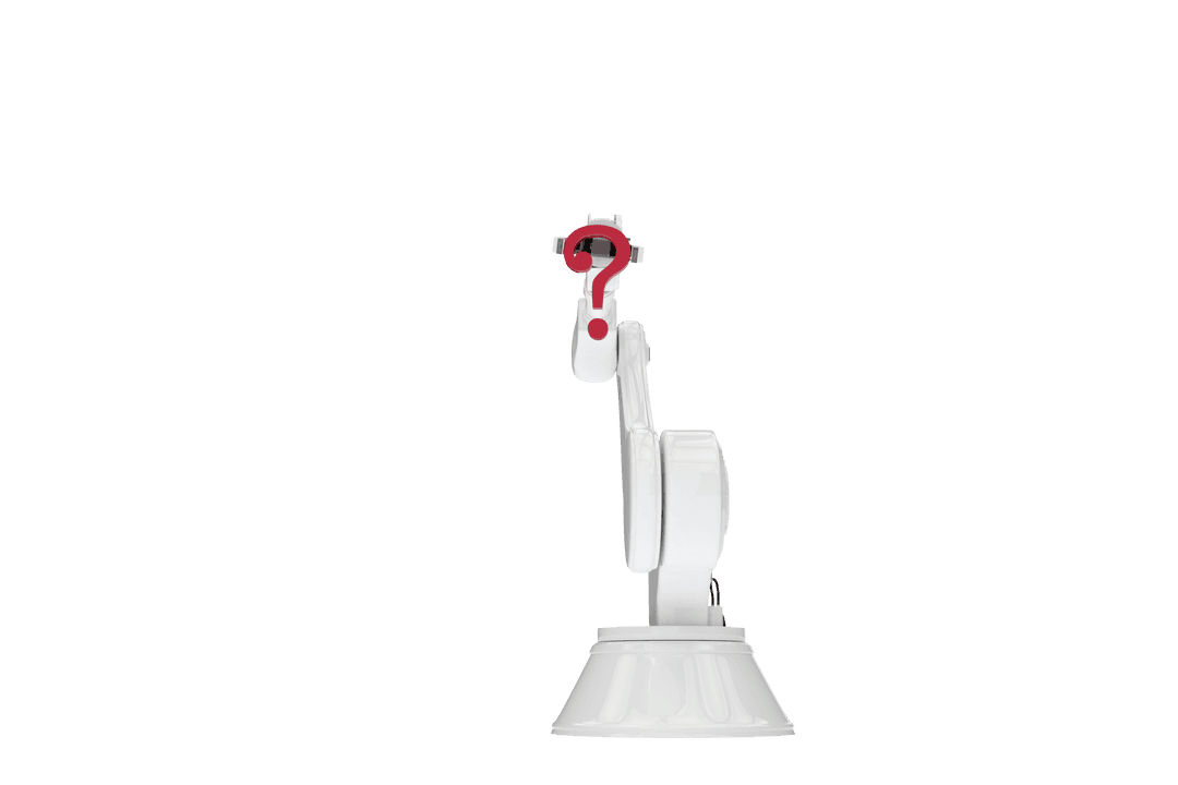 Transparent Robotic Arm Gripping Red Question Mark