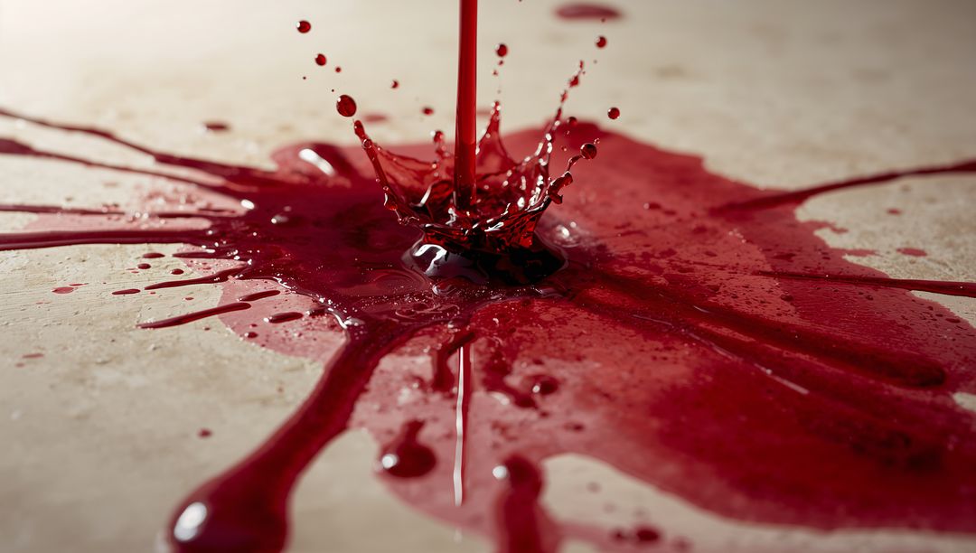 Crimson Liquid Pouring Creating Crown Splash on Beige Surface, Dramatic Red Spill Macro