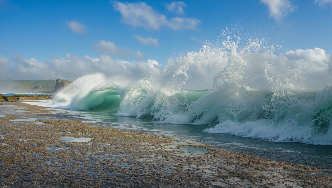 Dramatic Ocean Waves Crashing Against Rugged Shoreline