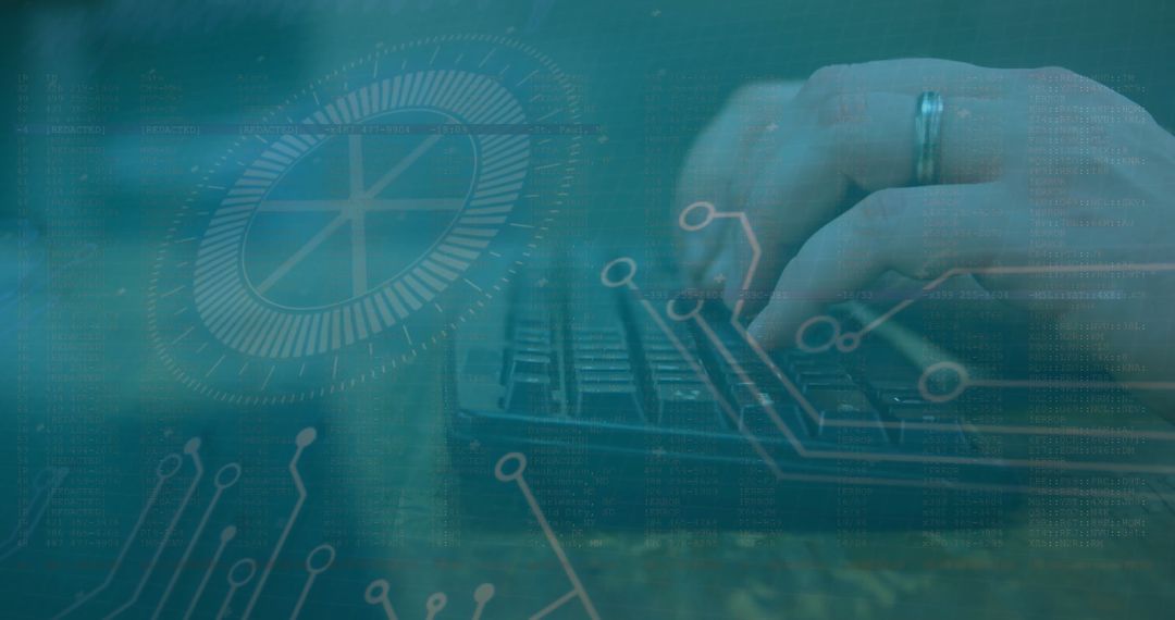 Double Exposure of Hands Typing with Digital Interface Overlay