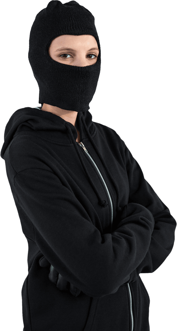 Confident Female Hacker in Black Balaclava on Transparent Background