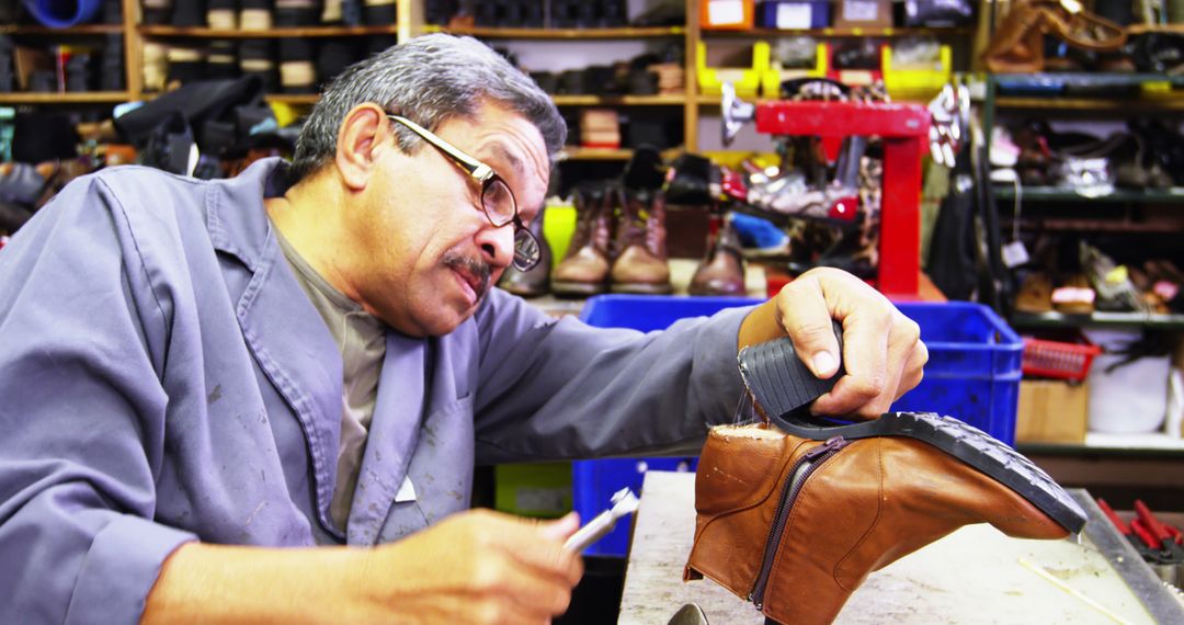 Cobbler examining a shoe in workshop 4k - Free Images, Stock Photos and Pictures on Pikwizard.com