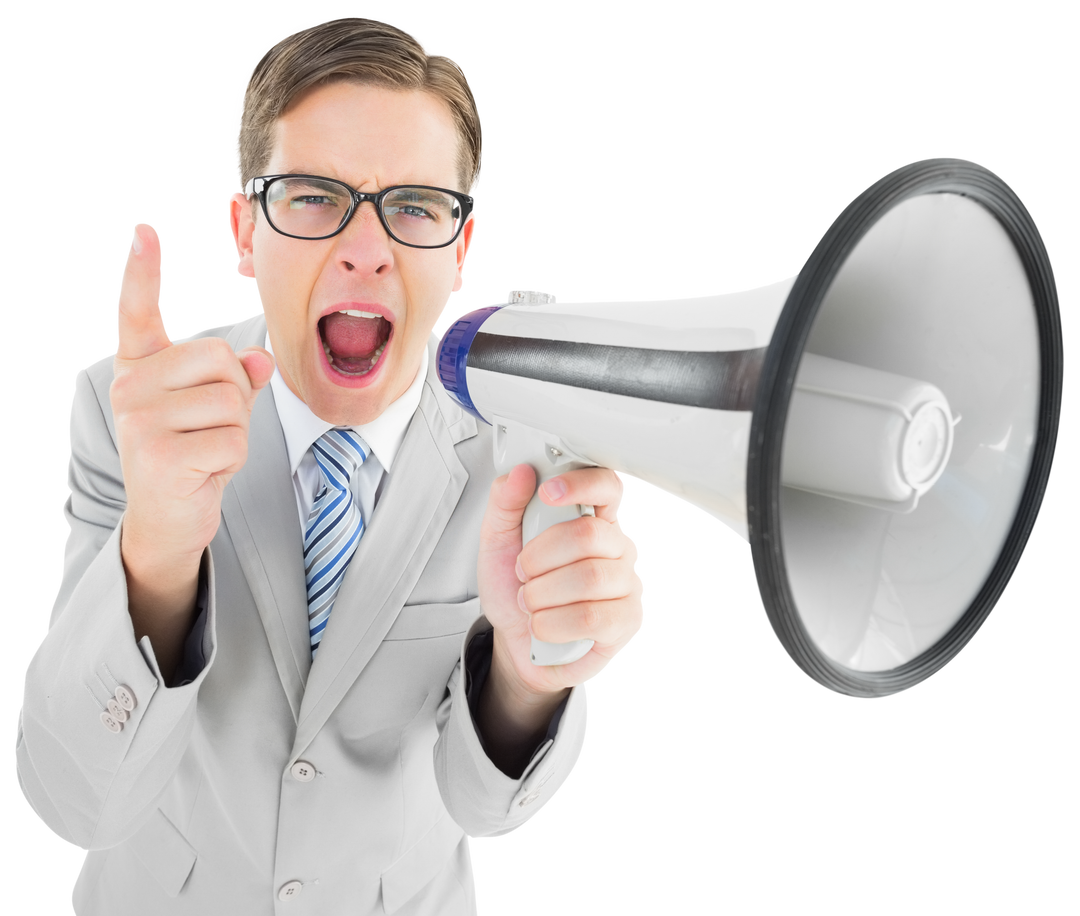 Geeky Businessman Shouting Achievements through Transparent Megaphone - Download Free Stock Images Pikwizard.com