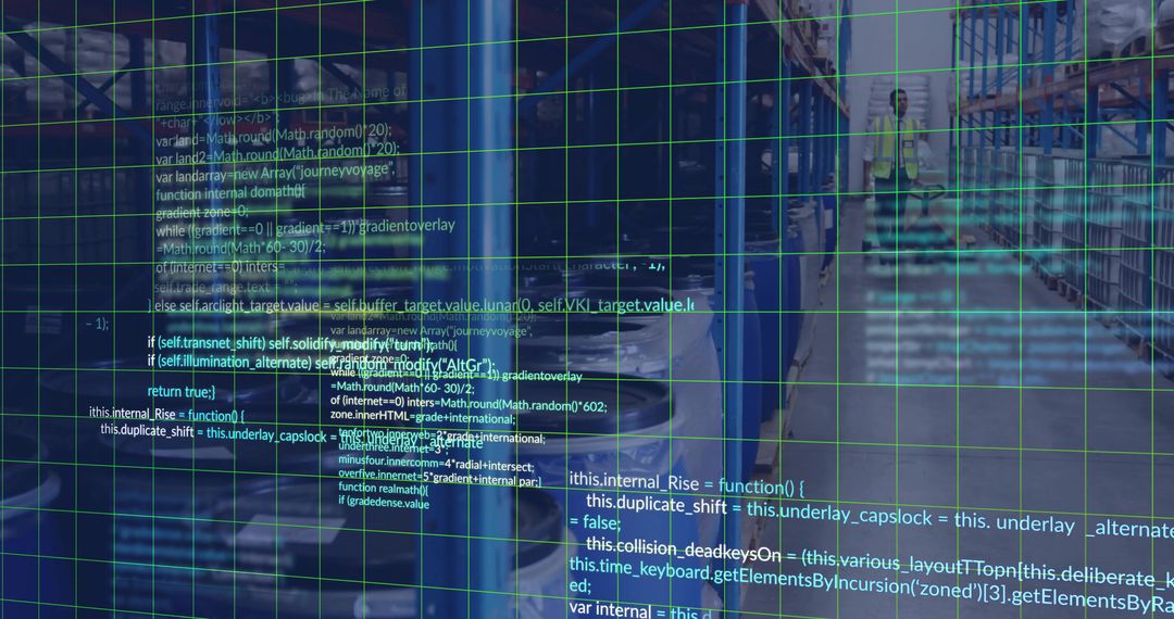 Warehouse worker inspecting racks with green code grid overlay for logistics analytics