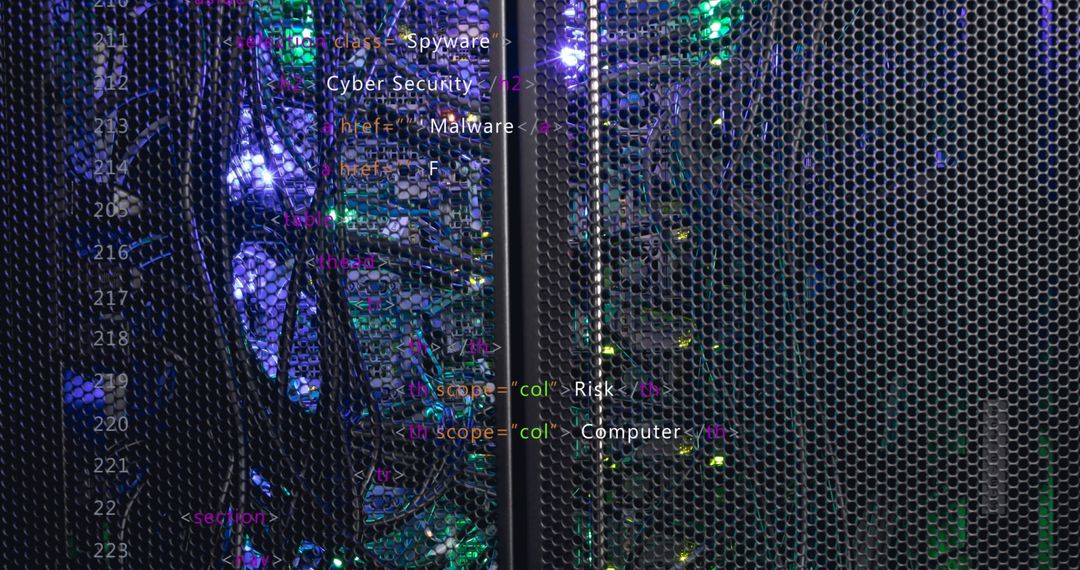 Close-Up of Computer Server with Cybersecurity Interface Visuals