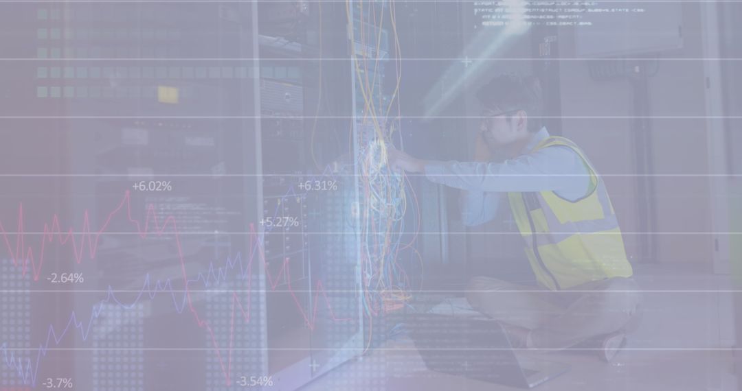 Technician Analyzing Data Server with Digital Interfaces