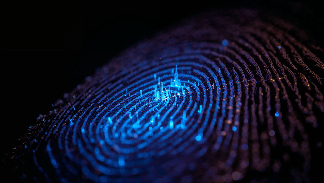 Neon Fingerprint with Data Spikes Representing Biometric Security, Cyber Data and AI