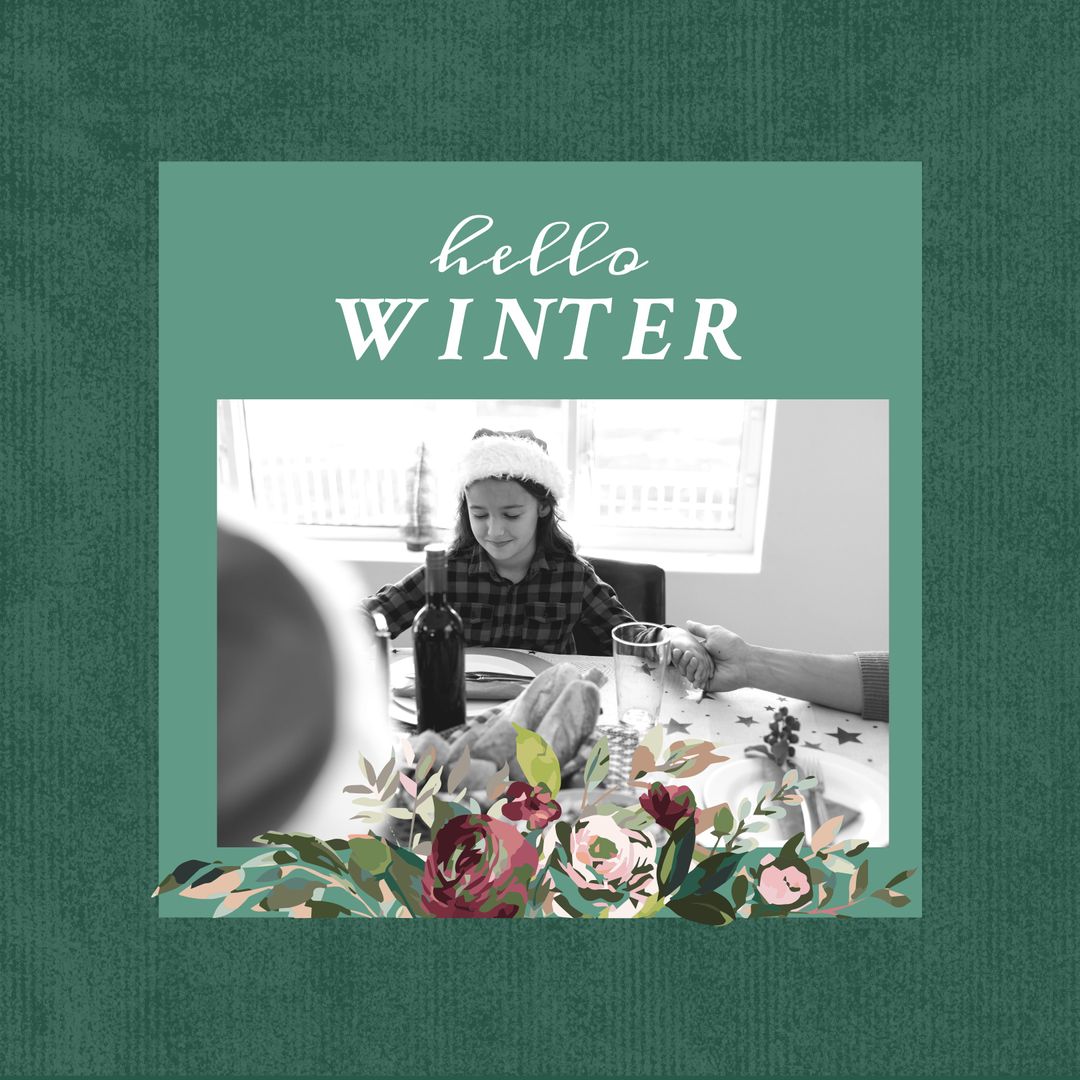 Girl Praying with Hello Winter Text Against Festive Setting
