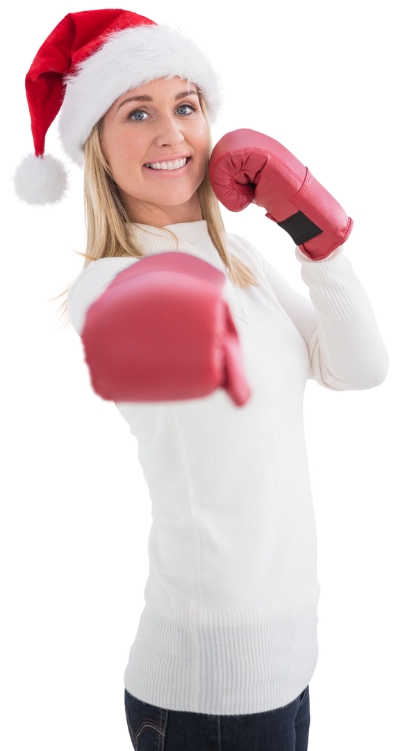 Confident Woman in Santa Hat with Boxing Gloves Enjoying Transparent Background - Download Free Stock Images Pikwizard.com