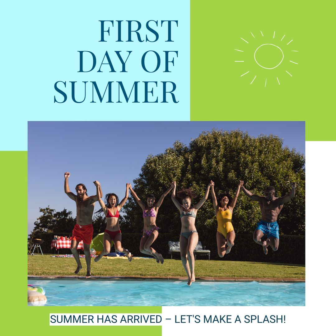 Diverse Friends Jumping into Pool Celebrating First Day of Summer