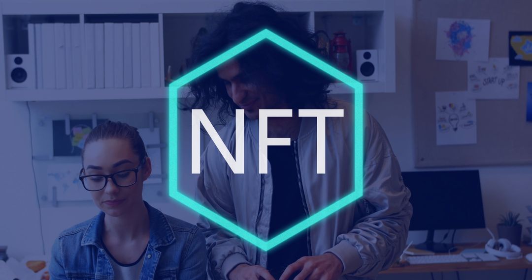 Colleagues Examining Screen in Creative Workspace with NFT Overlay