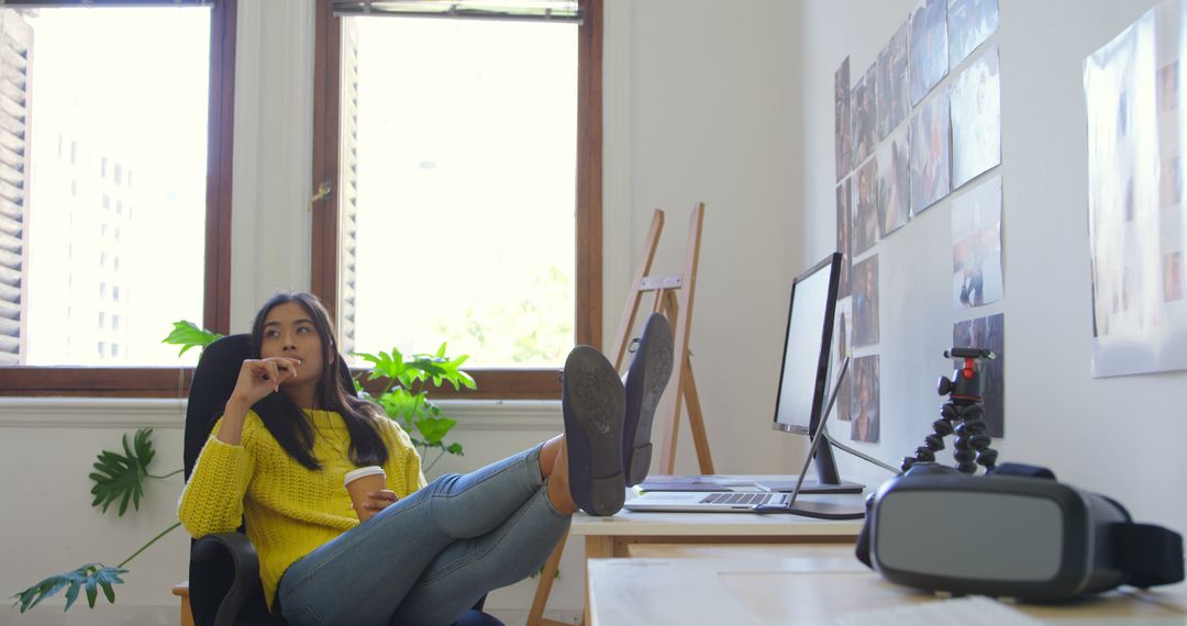 Woman Taking Break with Coffee in Modern Office - Free Images, Stock Photos and Pictures on Pikwizard.com