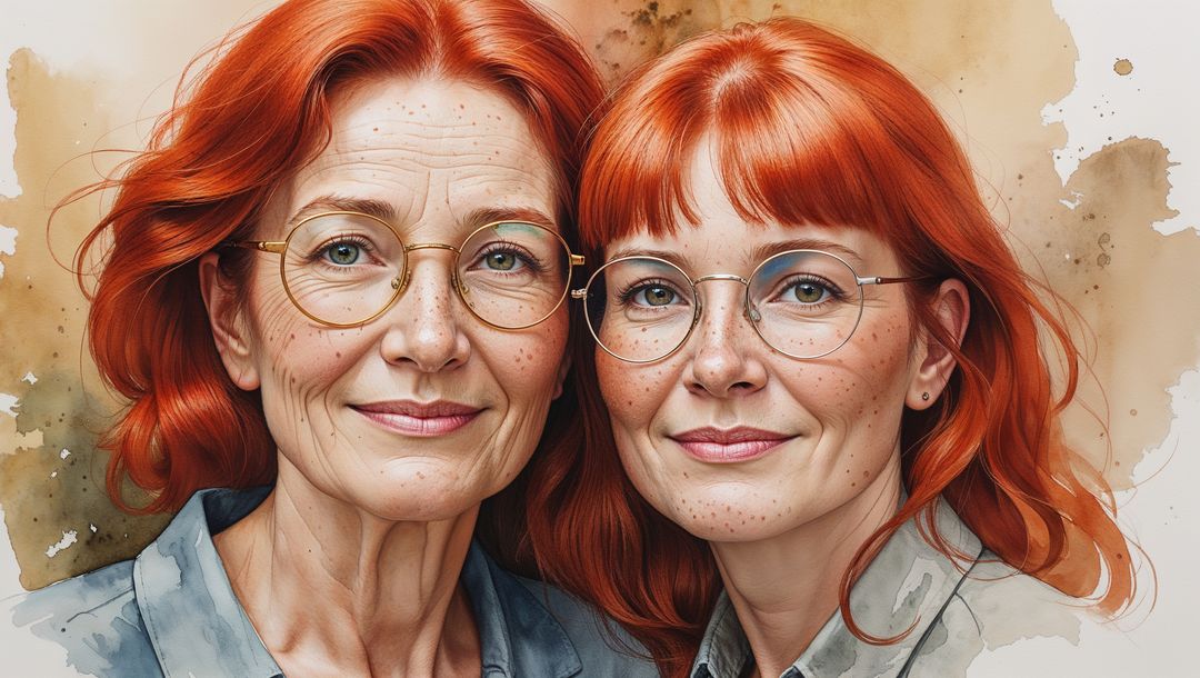 Smiling Red-Haired Mother and Daughter Portrait with Glasses