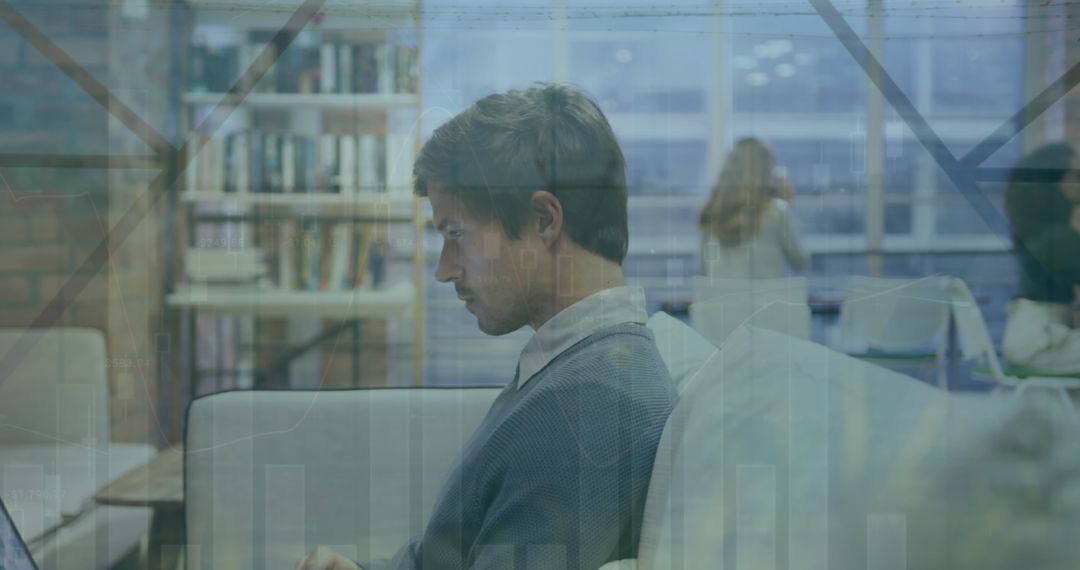 Focused Businessman Laptop Multiple Exposure with Nature and Technology