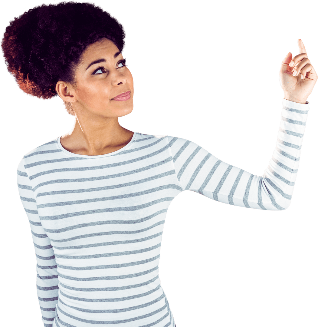 Thoughtful Young Woman Pointing with Contemplative Expression, Isolated on Transparent Background