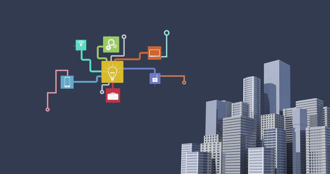 Digital Network Icons Over Modern Cityscape Background