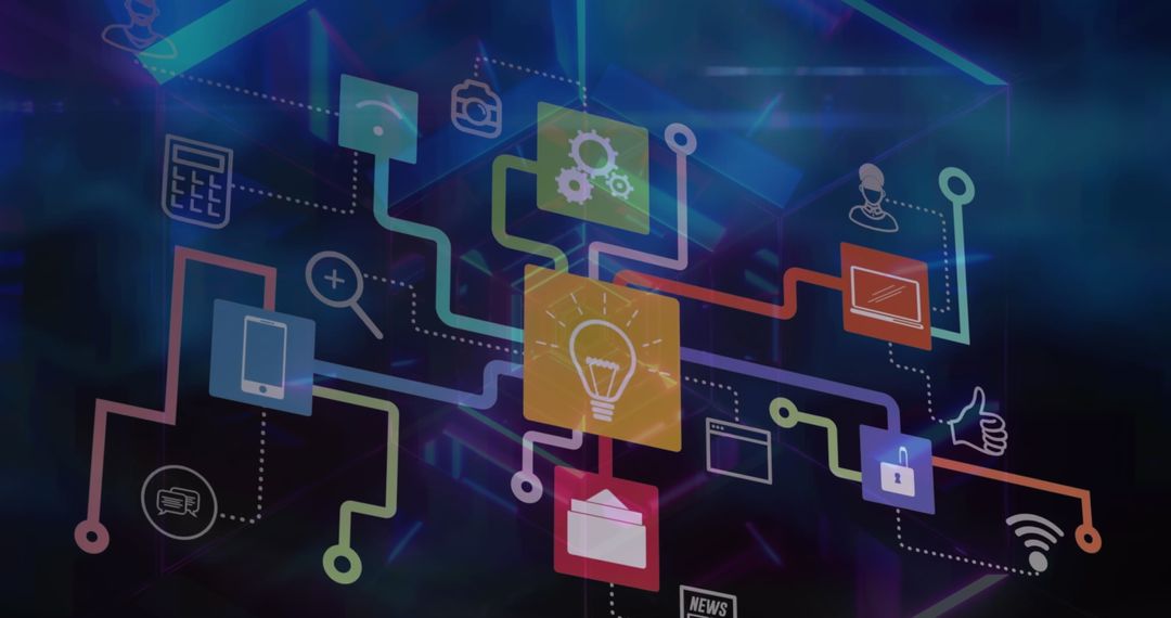 Network of Digital Icons in a Futuristic Neon Tech Environment