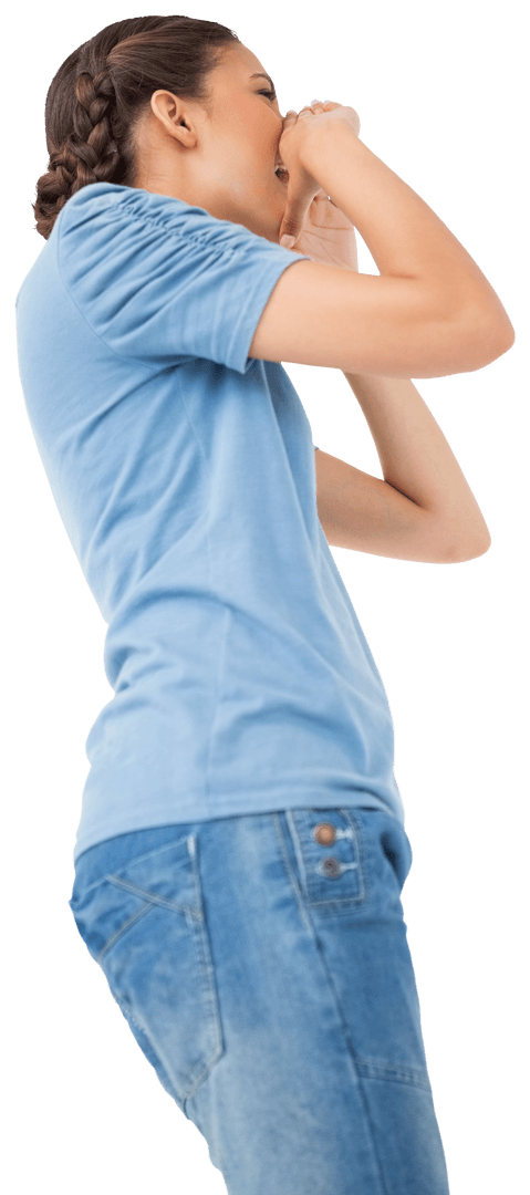 Hispanic Woman Laughing and Calling on Transparent Background