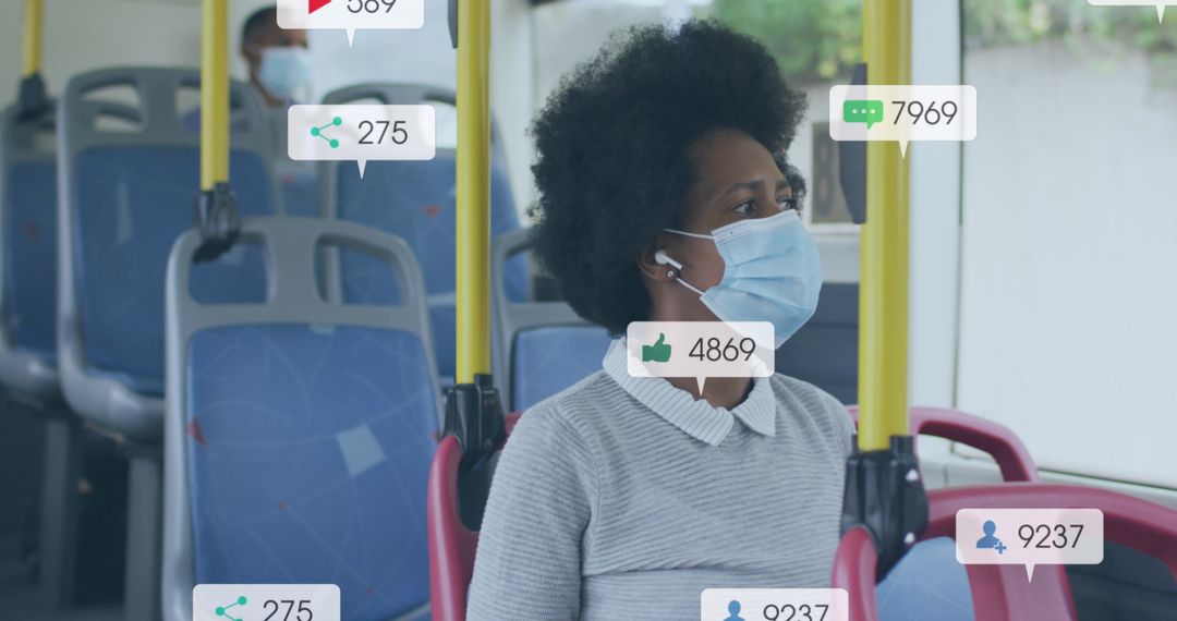 Woman in Face Mask on Bus Surrounded by Social Media Icons