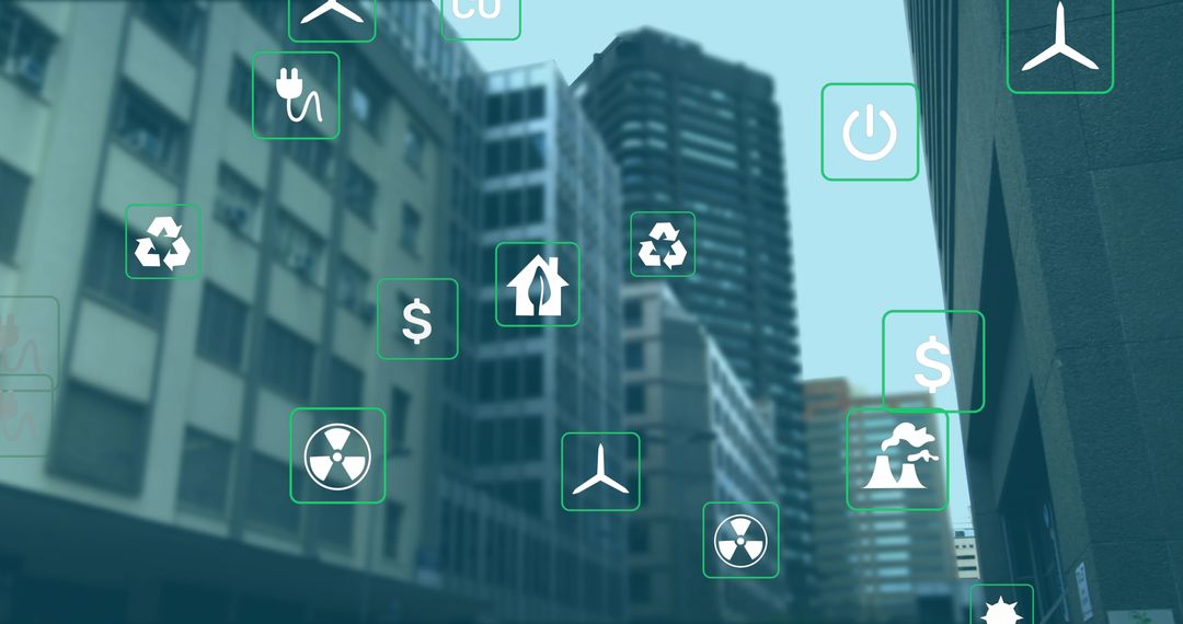 Futuristic Digital Interface with Environmental and Energy Icons Over Cityscape