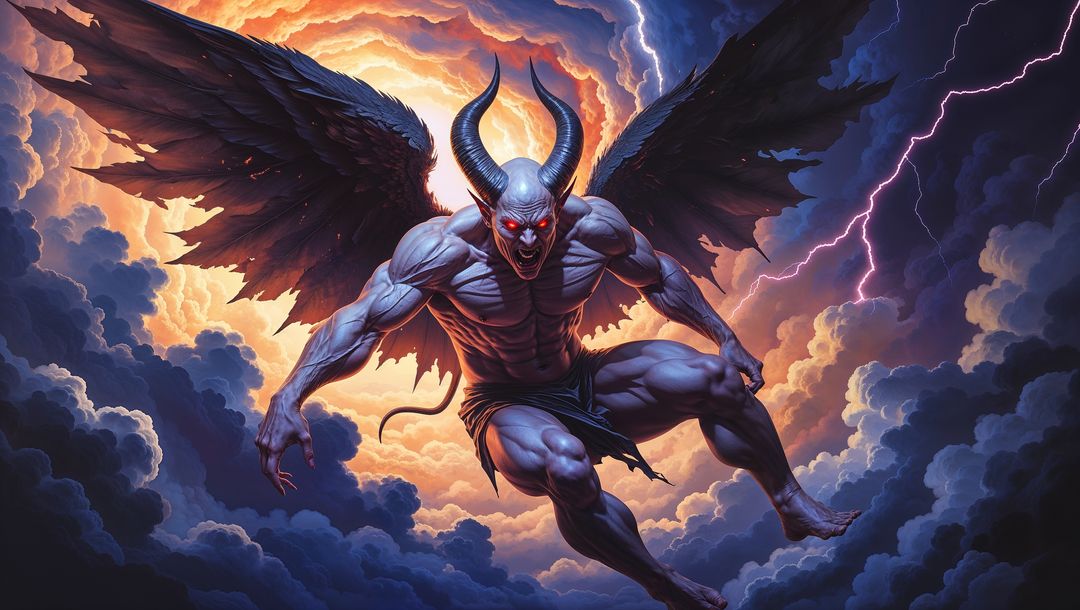 Mythical satan hovering amidst thunderstorm clouds