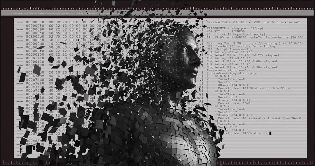 Human Bust with Particles Merging with Digital Data Screen