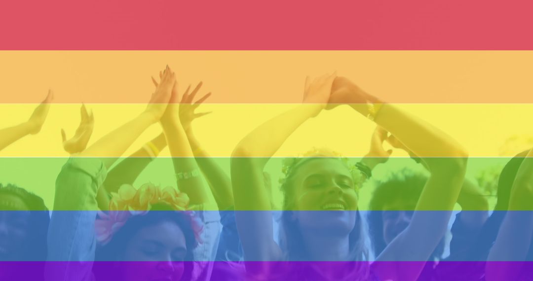 LGBTQ Pride Celebration with Joyful Crowd Under Rainbow Filter