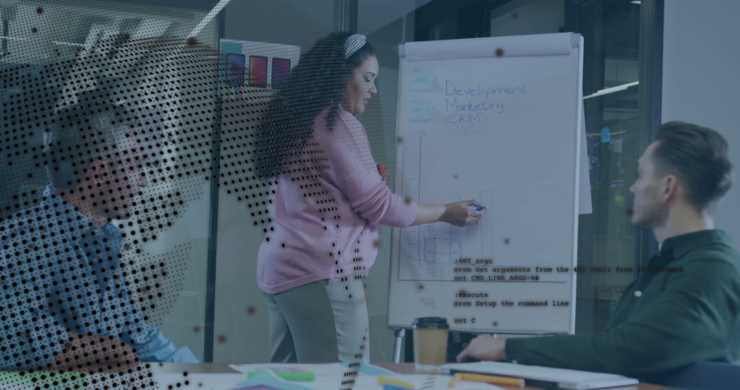 Woman Presenting Data with Global Networking Overlay