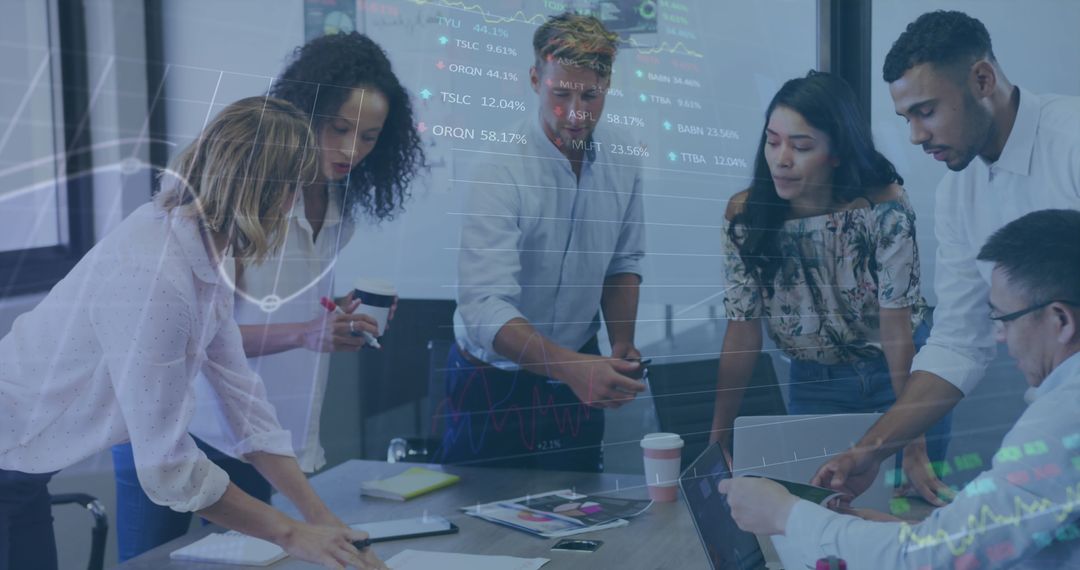 Diverse Team Brainstorming amidst Digital Data Interface